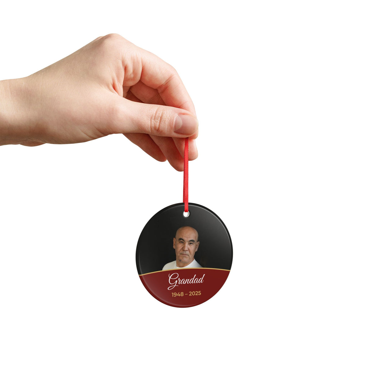 Berry red personalised memorial photo bauble, product view