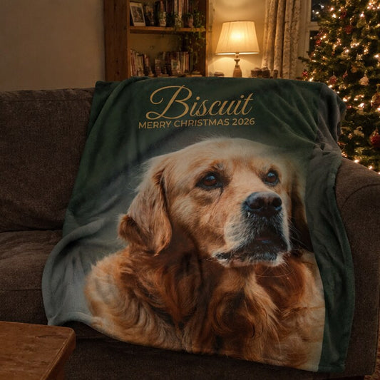 Forest green personalised photo blanket on a sofa