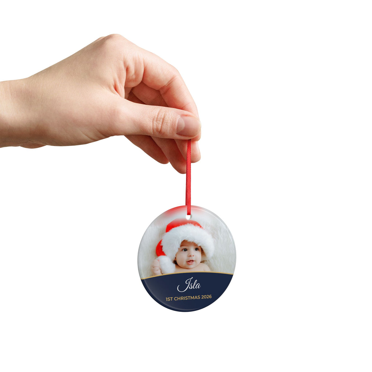 Midnight blue personalised Baby's 1st Christmas photo bauble, product view