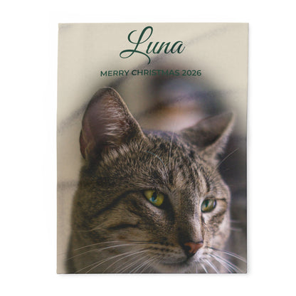 Cream personalised photo blanket with a pet photo and name, product view