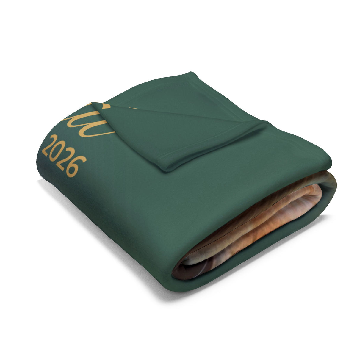 Forest green personalised photo blanket with a pet photo and name, product view