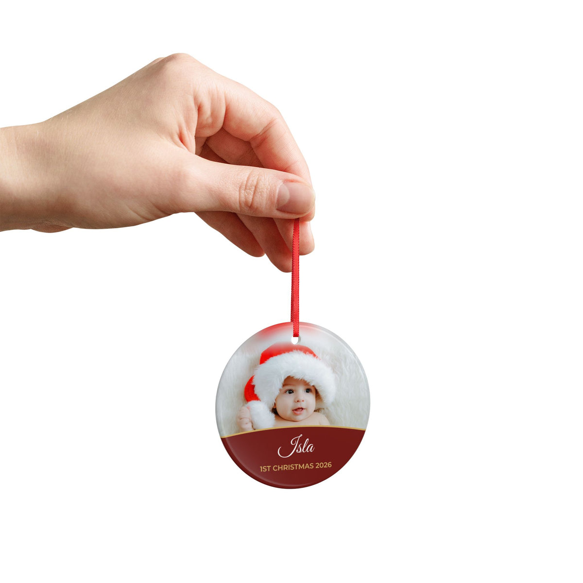 Berry red personalised Baby's 1st Christmas photo bauble, product view