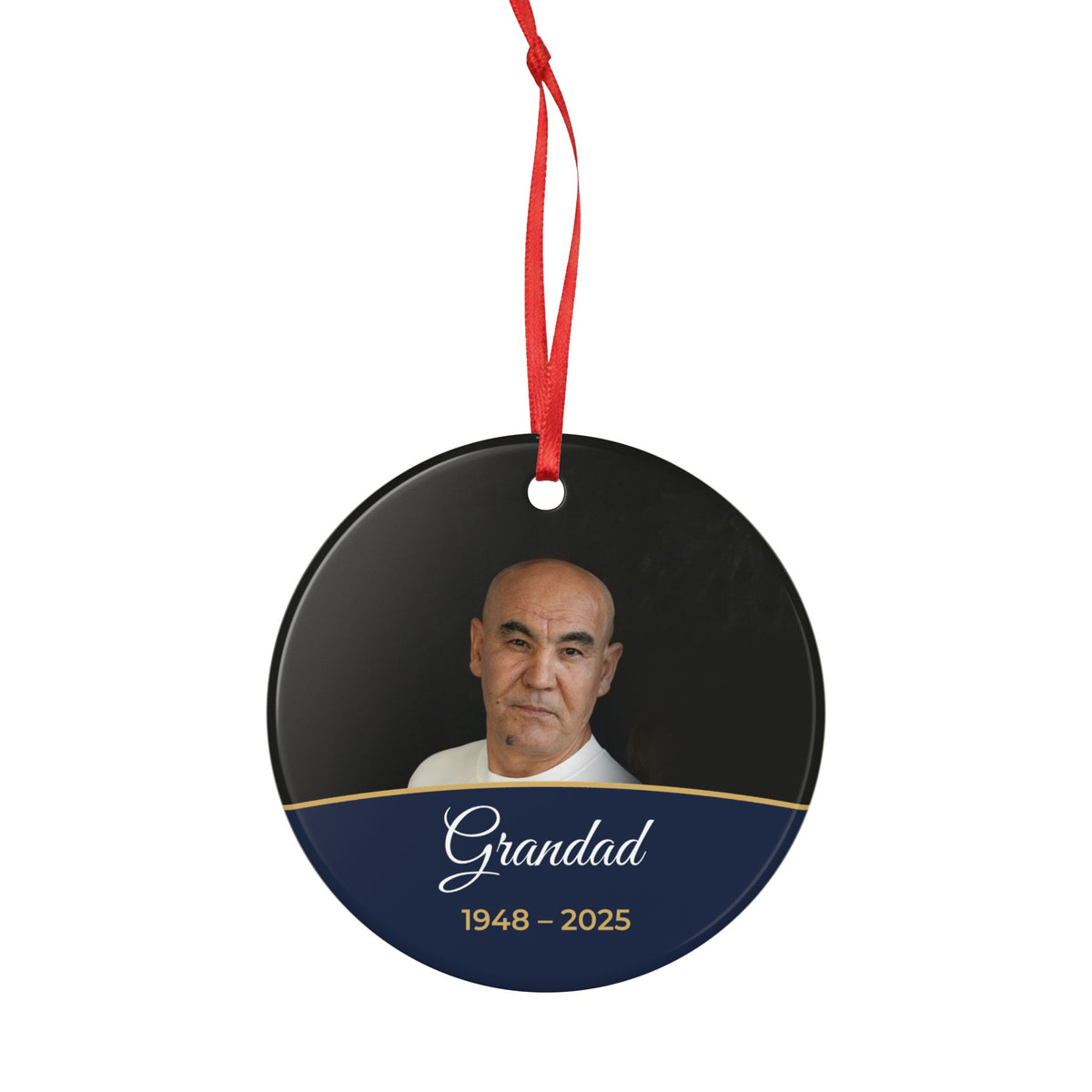 Midnight blue personalised memorial photo bauble, product view