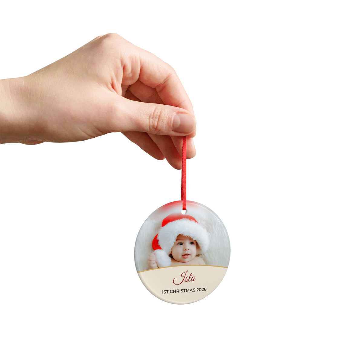 Cream personalised Baby's 1st Christmas photo bauble, product view