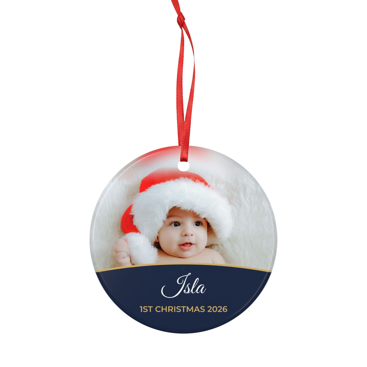 Midnight blue personalised Baby's 1st Christmas photo bauble, product view