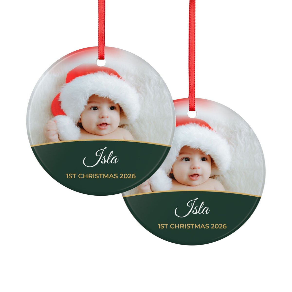 Forest green personalised Baby's 1st Christmas photo bauble, product view