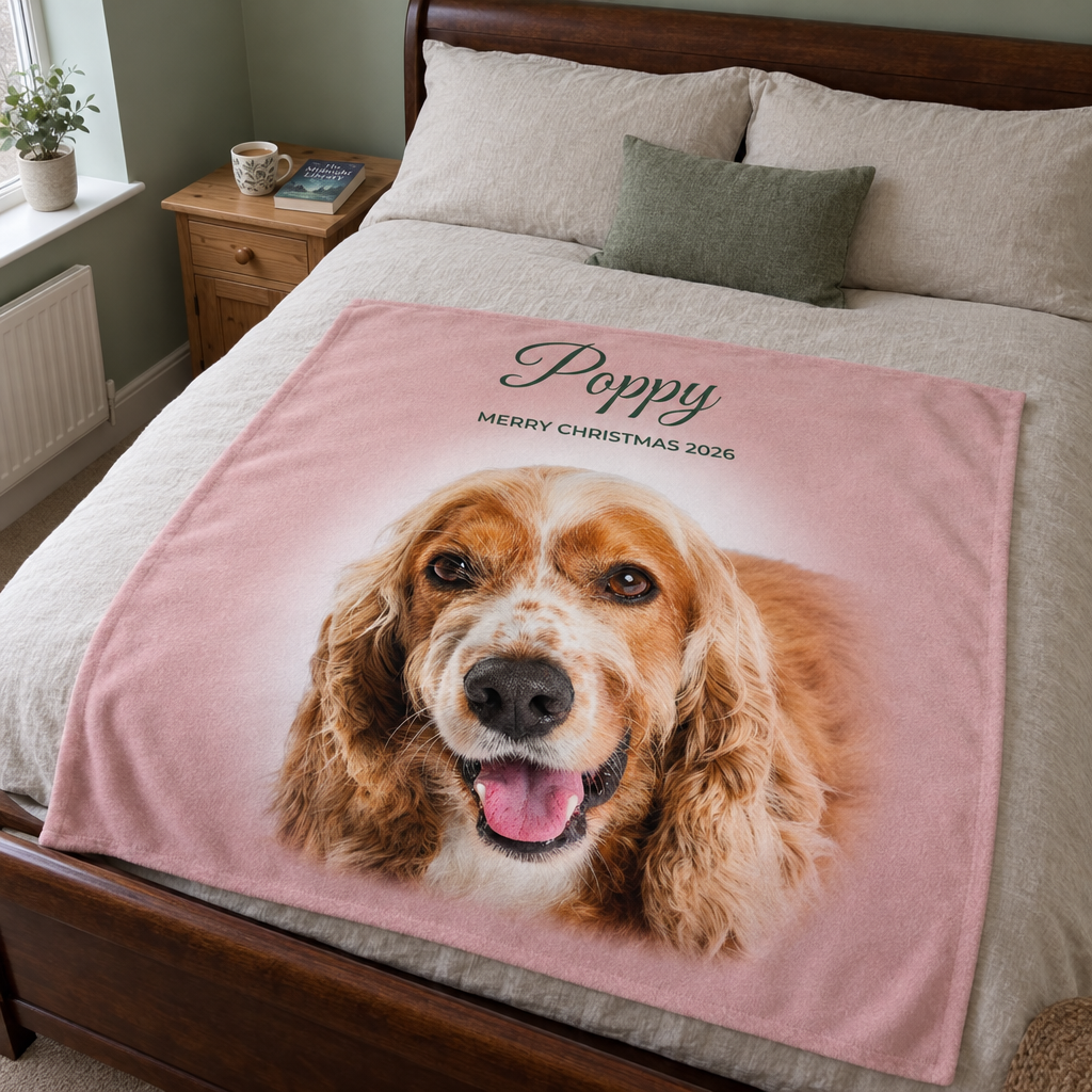 Dusty pink personalised photo blanket with a spaniel photo on a bed