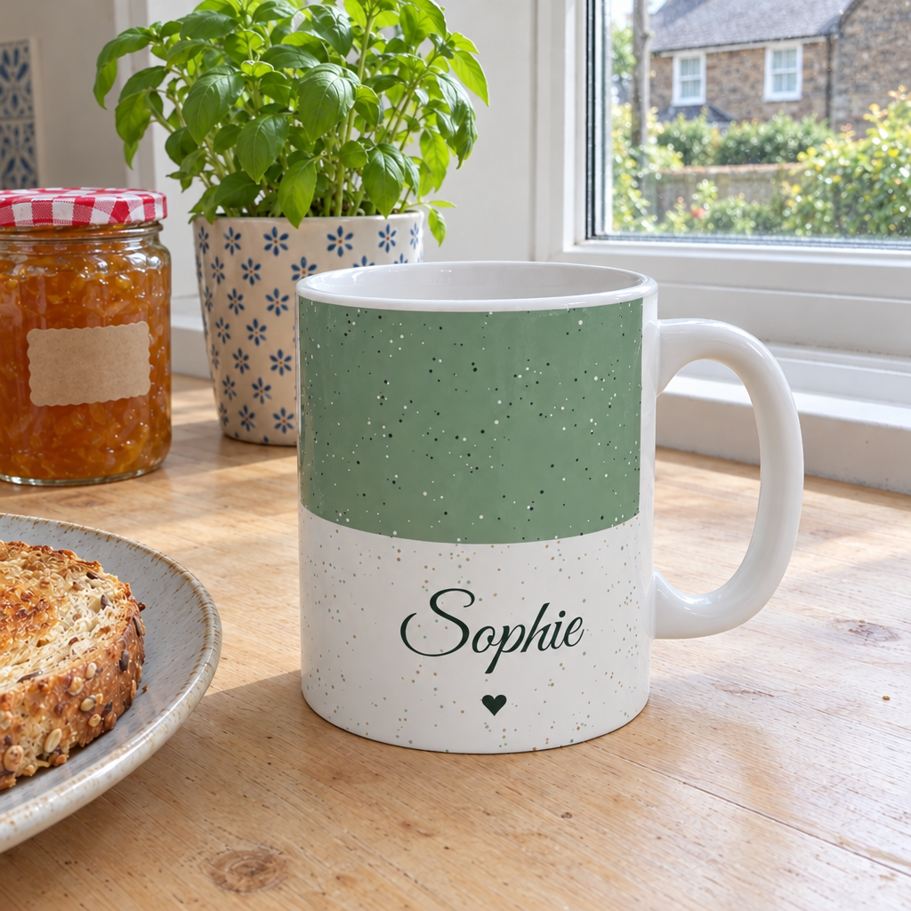 Sage green personalised name mug reading Sophie on a breakfast table